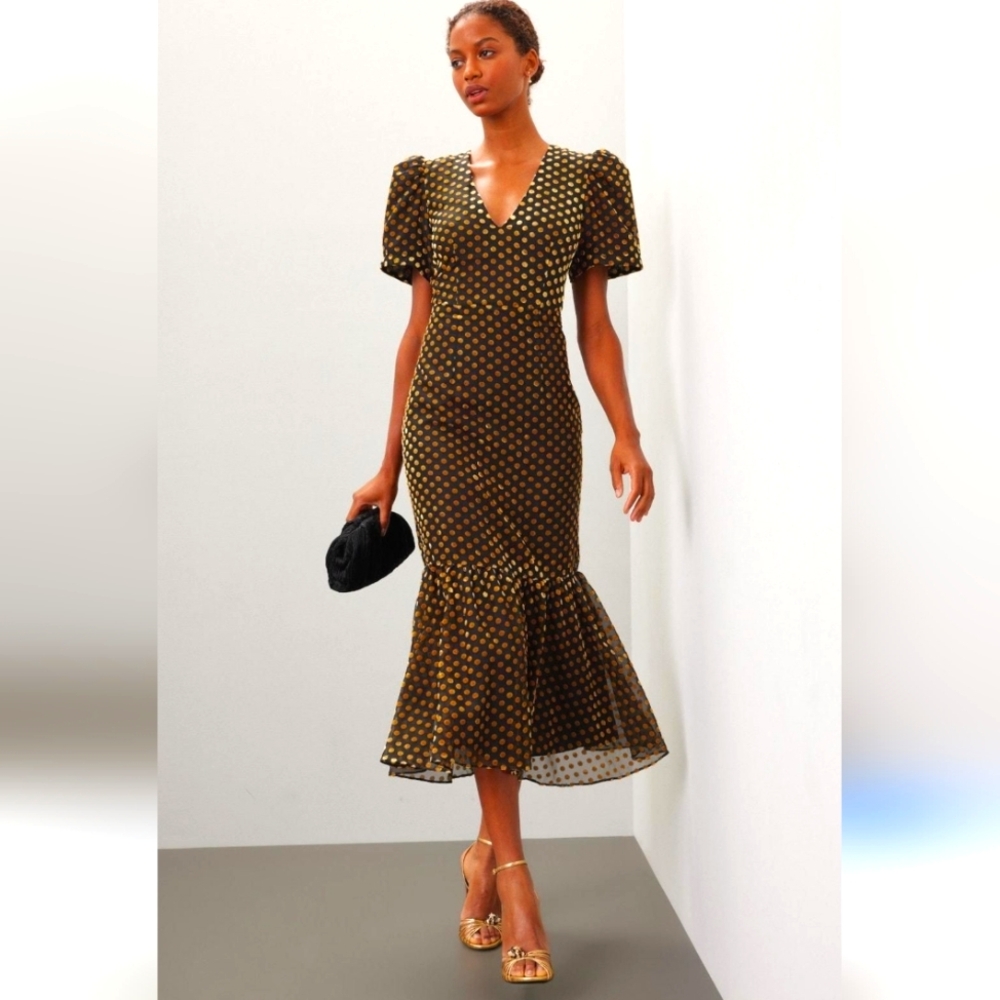 Rhode Anton Polka Dot Midi Dress Size 10 Black/Gold